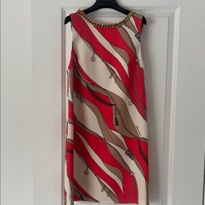 Elisabetta Franchi. Chain-Neckline Mini Dress in Red and Cream